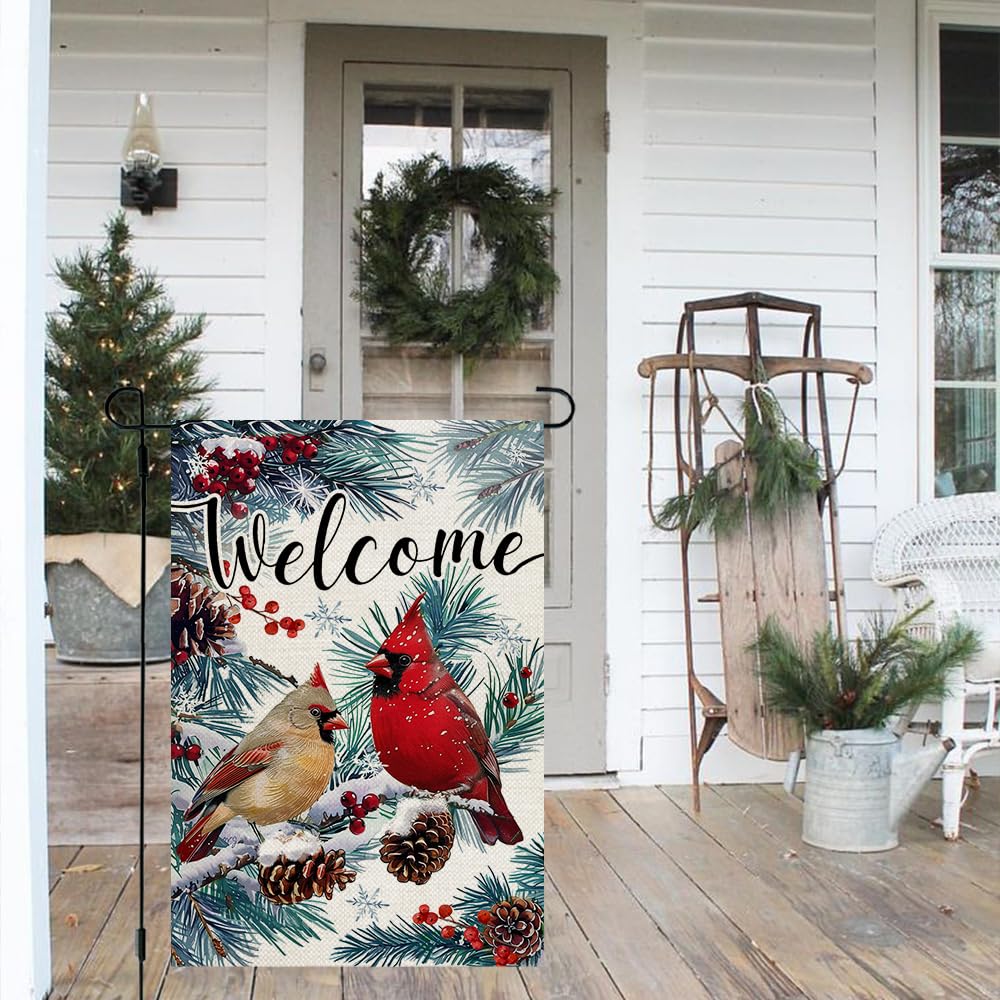 Winter Cardinal Garden Flag 12x18 Inch 1 Sided for Outside Small Welcome Burlap Holiday