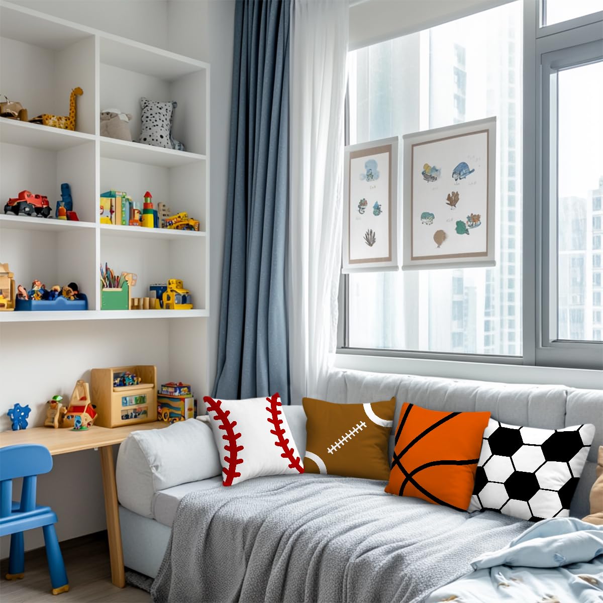 4PCS Secret Santa Gifts Sports Balls Pillow Covers Rugby, Basketball, Baseball, Soccer Throw Pillow Covers 18x18 Pillowcases