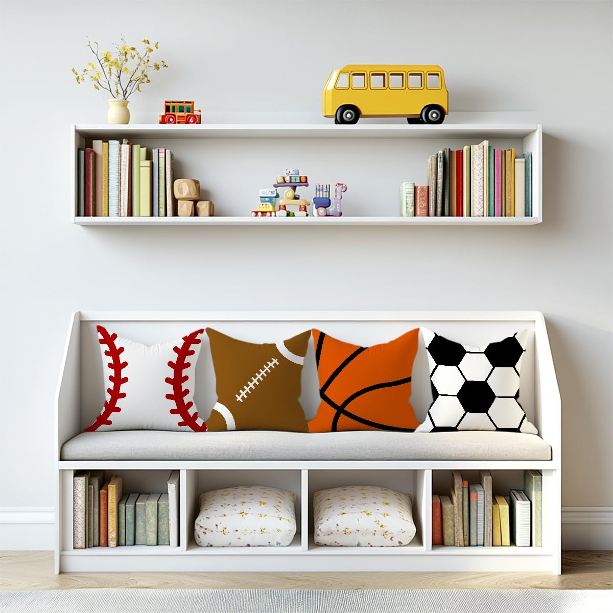4PCs Secret Santa Gifts Sports Balls Pillow Covers Rugby, Basketball, Baseball, Soccer Throw Pillow Covers 18x18