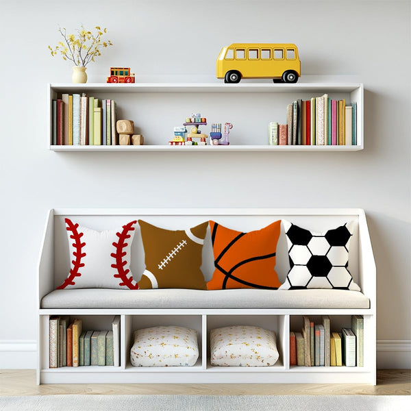 4PCs Secret Santa Gifts Sports Balls Pillow Covers Rugby, Basketball, Baseball, Soccer Throw Pillow Covers 18x18