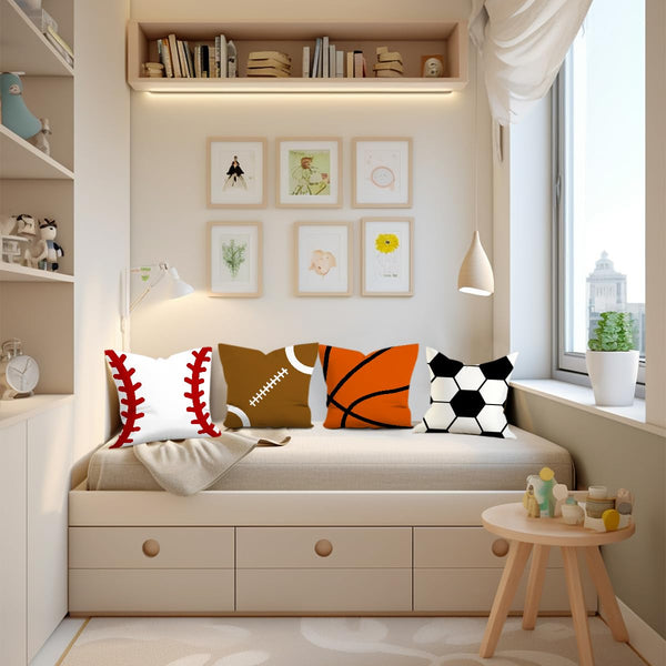 4PCS Secret Santa Gifts Sports Balls Pillow Covers Rugby, Basketball, Baseball, Soccer Throw Pillow Covers 18x18 Pillowcases