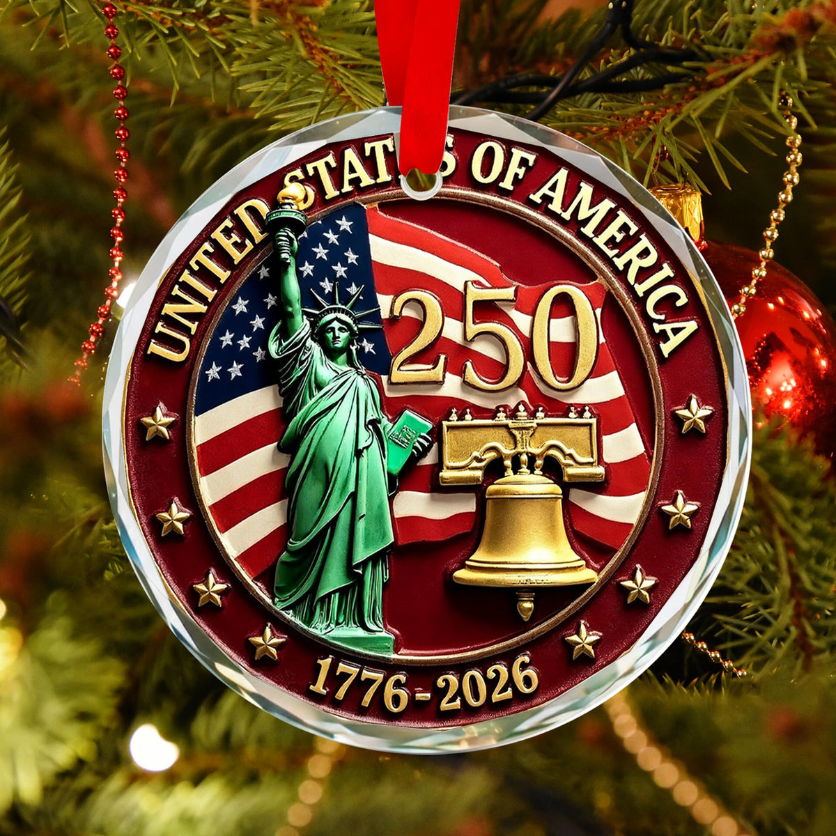 USA 250th Anniversary Ornament for Patriotic Christmas Decorations, Glass, 2D Flat