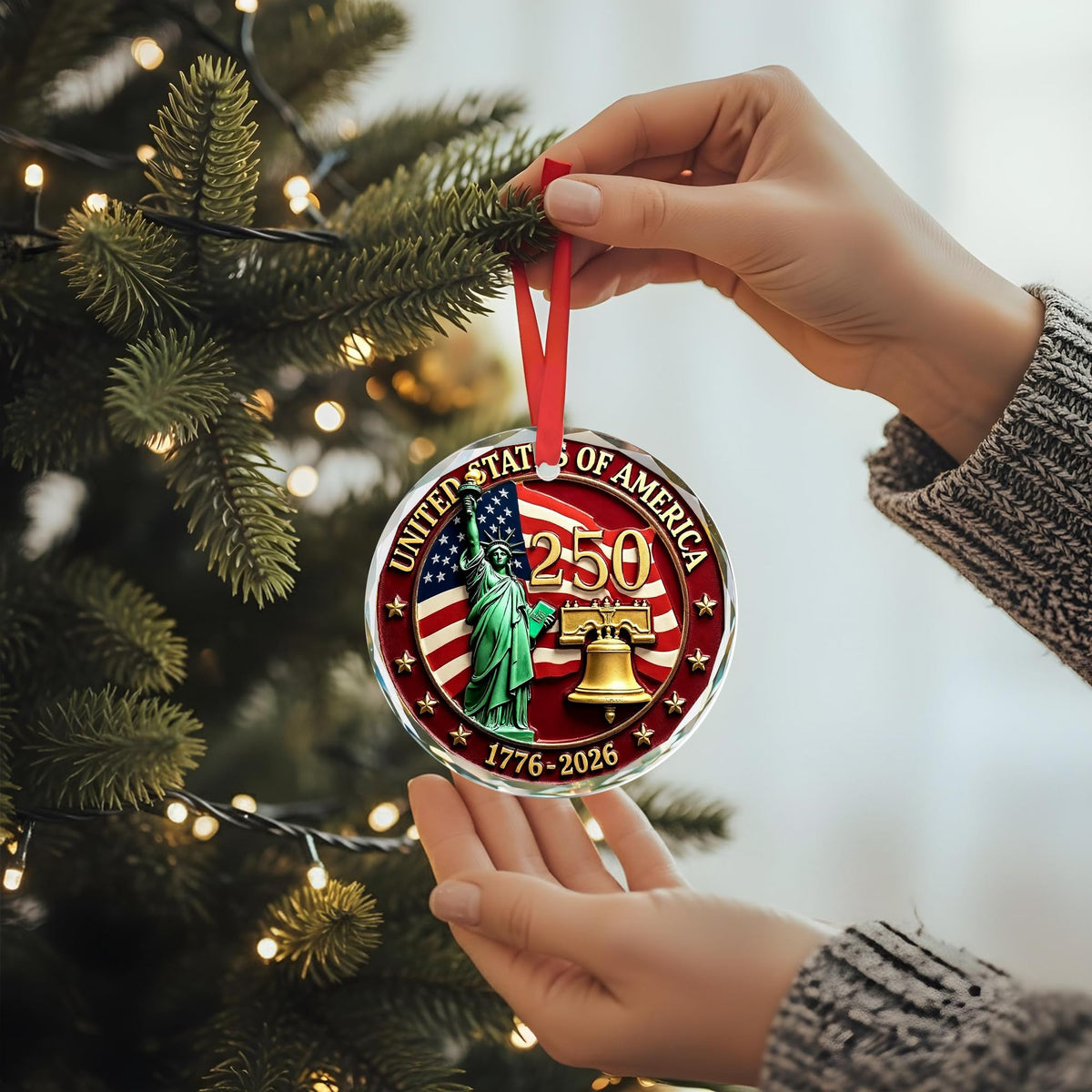USA 250th Anniversary Ornament for Patriotic Christmas Decorations, Glass, 2D Flat