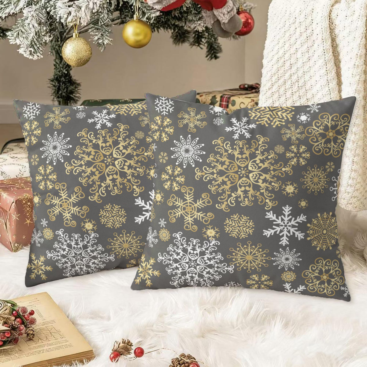 Christmas Throw Pillow Covers Decorative 18 X 18 Inches Pack of 2 Cozy Velvet Snowflakes