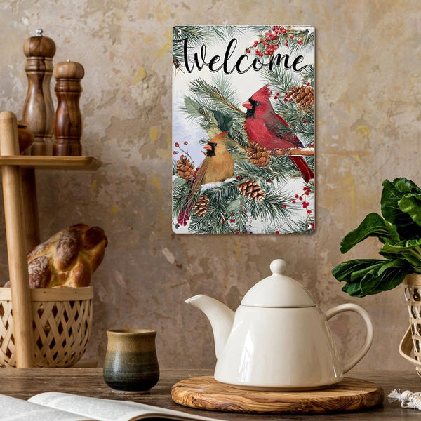 Cardinal Decor Metal Poster, Welcome Winter Cardinal Wall Decor, Outdoor Winter Decorations
