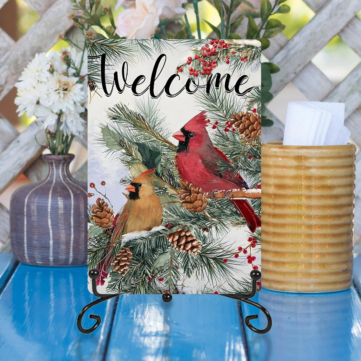 Cardinal Decor Metal Poster, Welcome Winter Cardinal Wall Decor