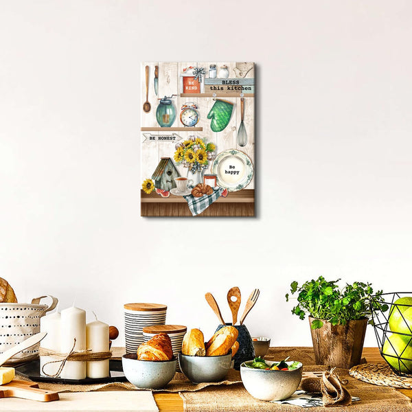 Bless This Kitchen Wall Art Farmhouse Wall Decor Rustic Family Canvas Painting Inspirational Quotes Sunflower Picture