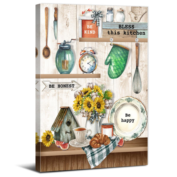 Bless This Kitchen Wall Art Farmhouse Wall Decor Rustic Family Canvas Painting Inspirational Quotes Sunflower Picture