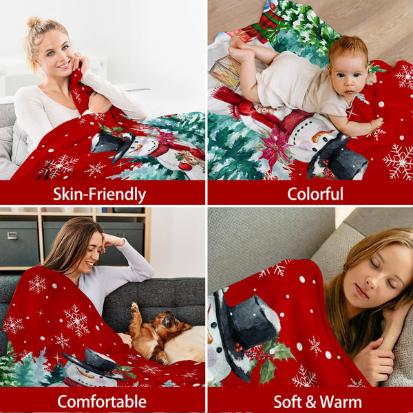 Christmas Blanket, Snowman Christmas Throw Blanket, Xmas Decorations for Home, Soft Red Snowman Blankets