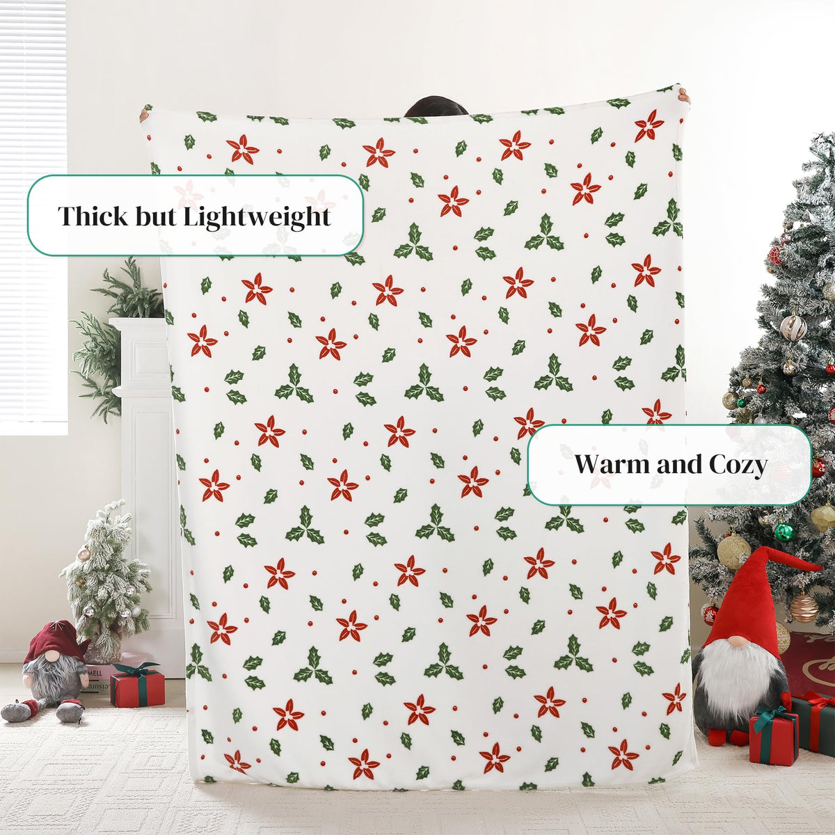 Christmas Fleece Print Throw Blanket, Super Soft Plush Cozy Fuzzy Red Floral and Green Leaves Printed Throw Blankets