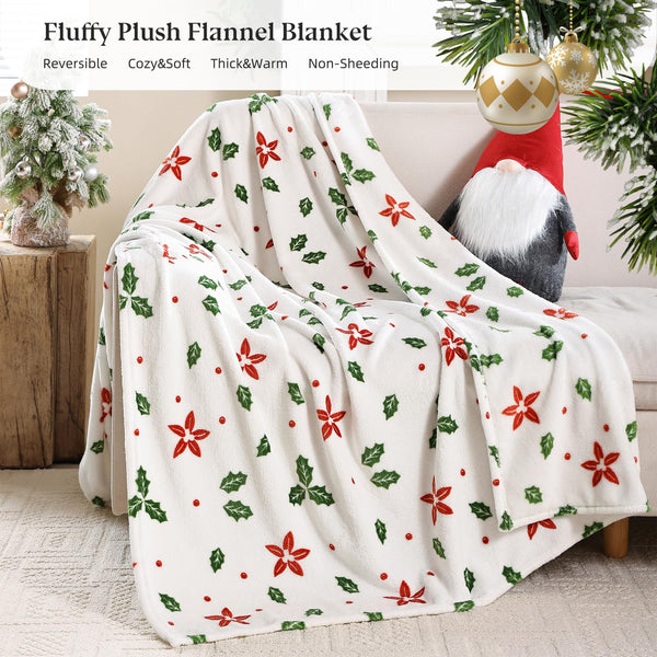 Christmas Fleece Print Throw Blanket, Super Soft Plush Cozy Fuzzy Red Floral and Green Leaves Printed Throw Blankets