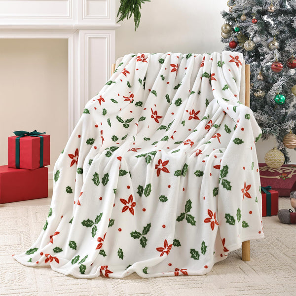 Christmas Fleece Print Throw Blanket, Super Soft Plush Cozy Fuzzy Red Floral and Green Leaves Printed Throw Blankets