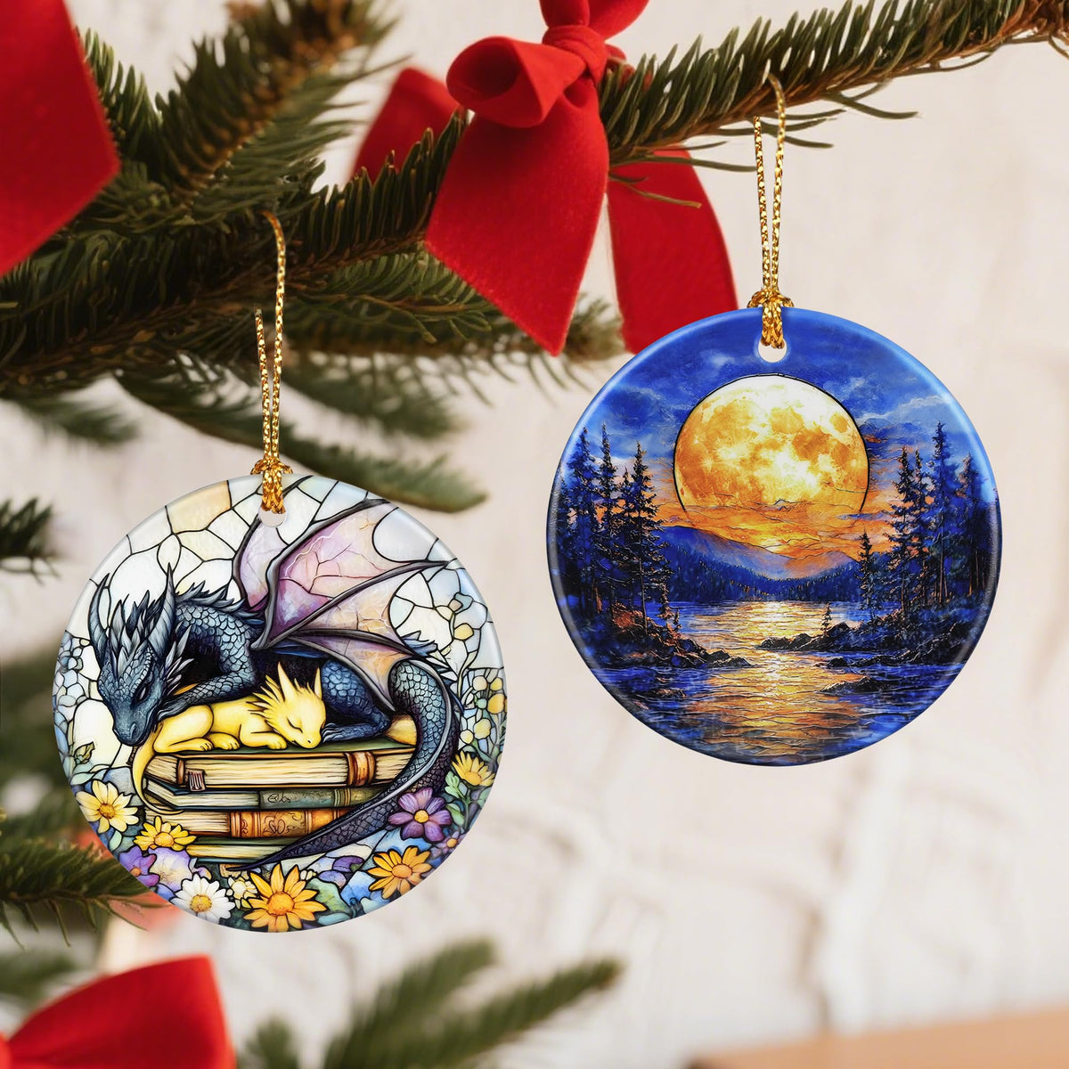 Christmas Ornaments, 2.9 Inch Ceramic Hanging Ornament, Christmas Tree Ornaments, Xmas Decorations - Full Moon Over Forest Lake