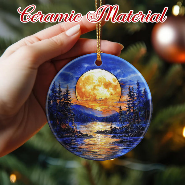 Christmas Ornaments, 2.9 Inch Ceramic Hanging Ornament, Christmas Tree Ornaments, Xmas Decorations - Full Moon Over Forest Lake