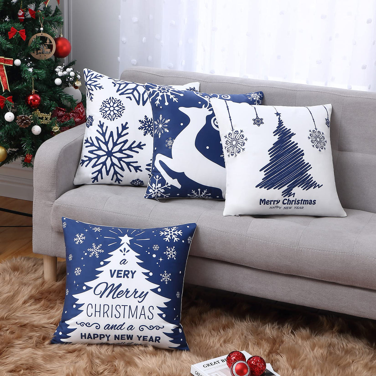 Christmas Pillow Covers 18X18 Inch Set of 4 Navy Blue Christmas Pillow Cases Snowflake Merry Christmas