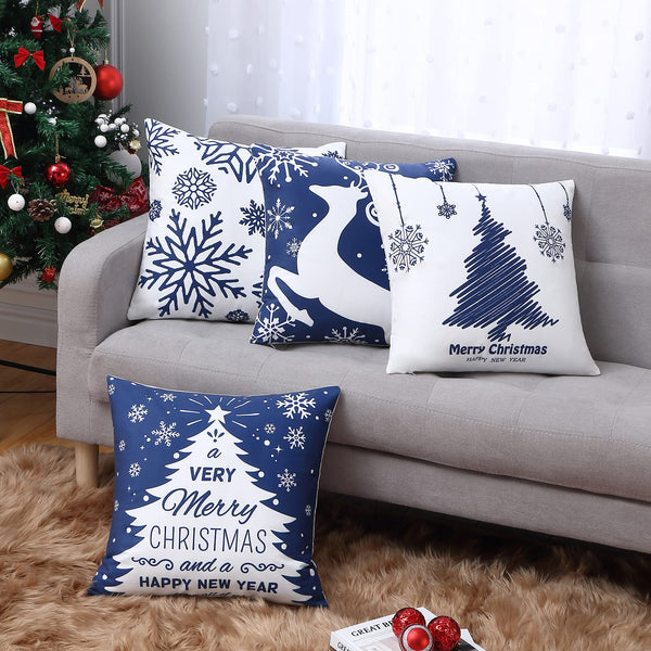 Christmas Pillow Covers 18X18 Inch Set of 4 Navy Blue Christmas Pillow Cases Snowflake Merry Christmas