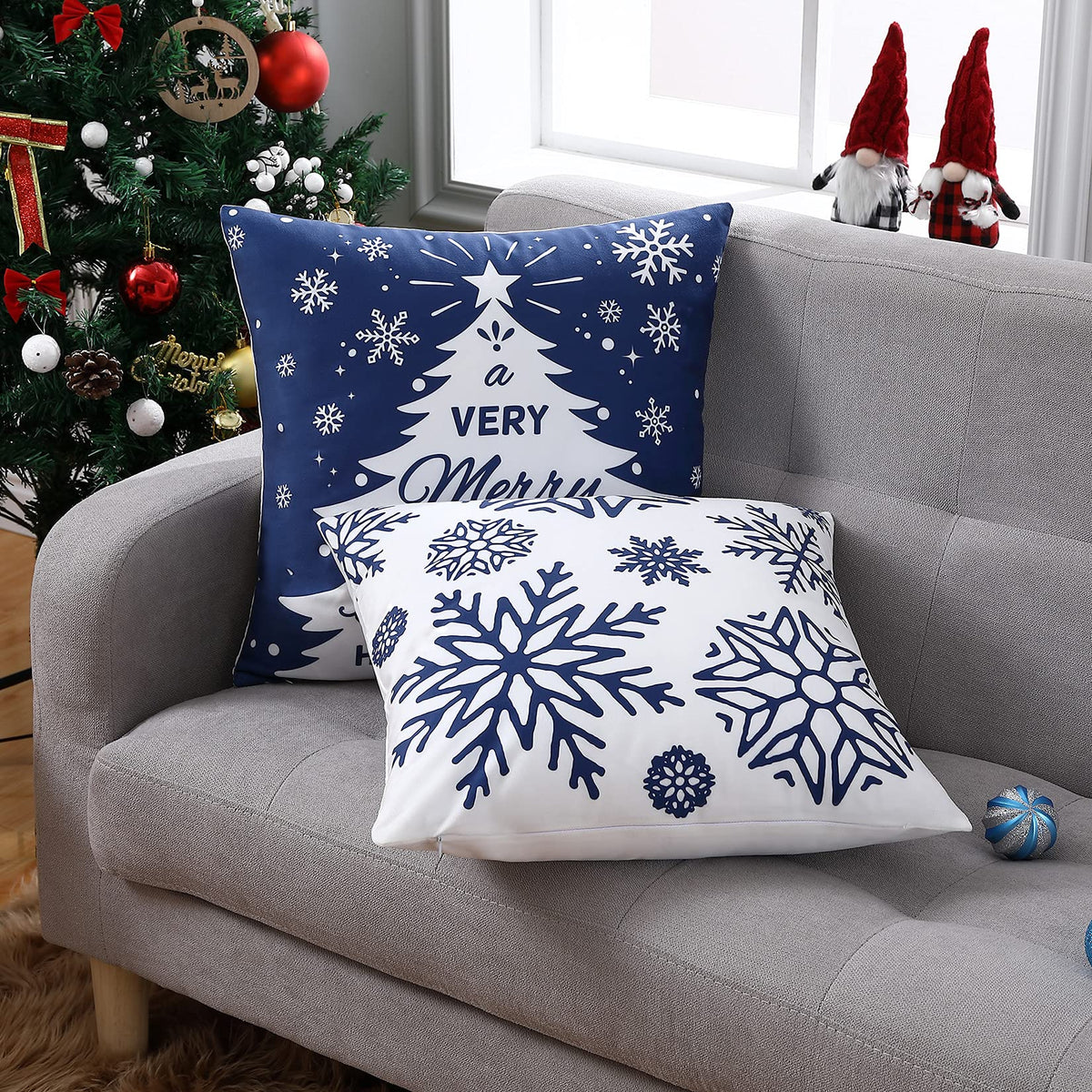 Christmas Pillow Covers 18X18 Inch Set of 4 Navy Blue Christmas Pillow Cases Snowflake Merry Christmas