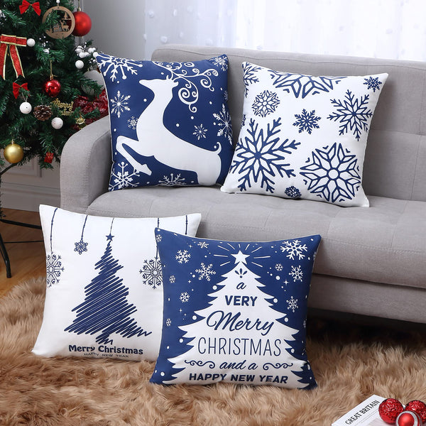Christmas Pillow Covers 18X18 Inch Set of 4 Navy Blue Christmas Pillow Cases Snowflake Merry Christmas