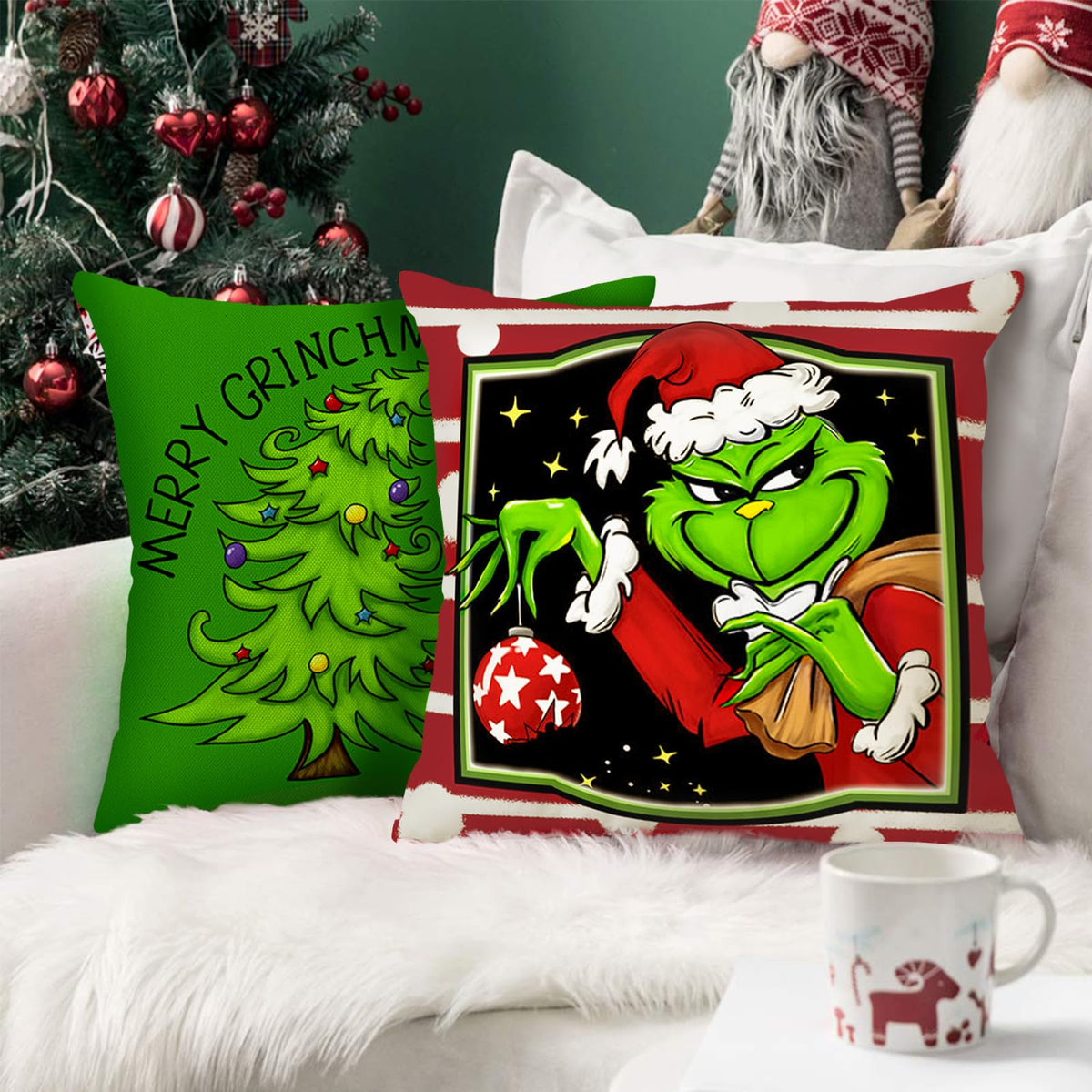 Christmas Pillow Covers 18x18 Inch for Christmas Decorations Throw Pillow Case Green and Red Stripe