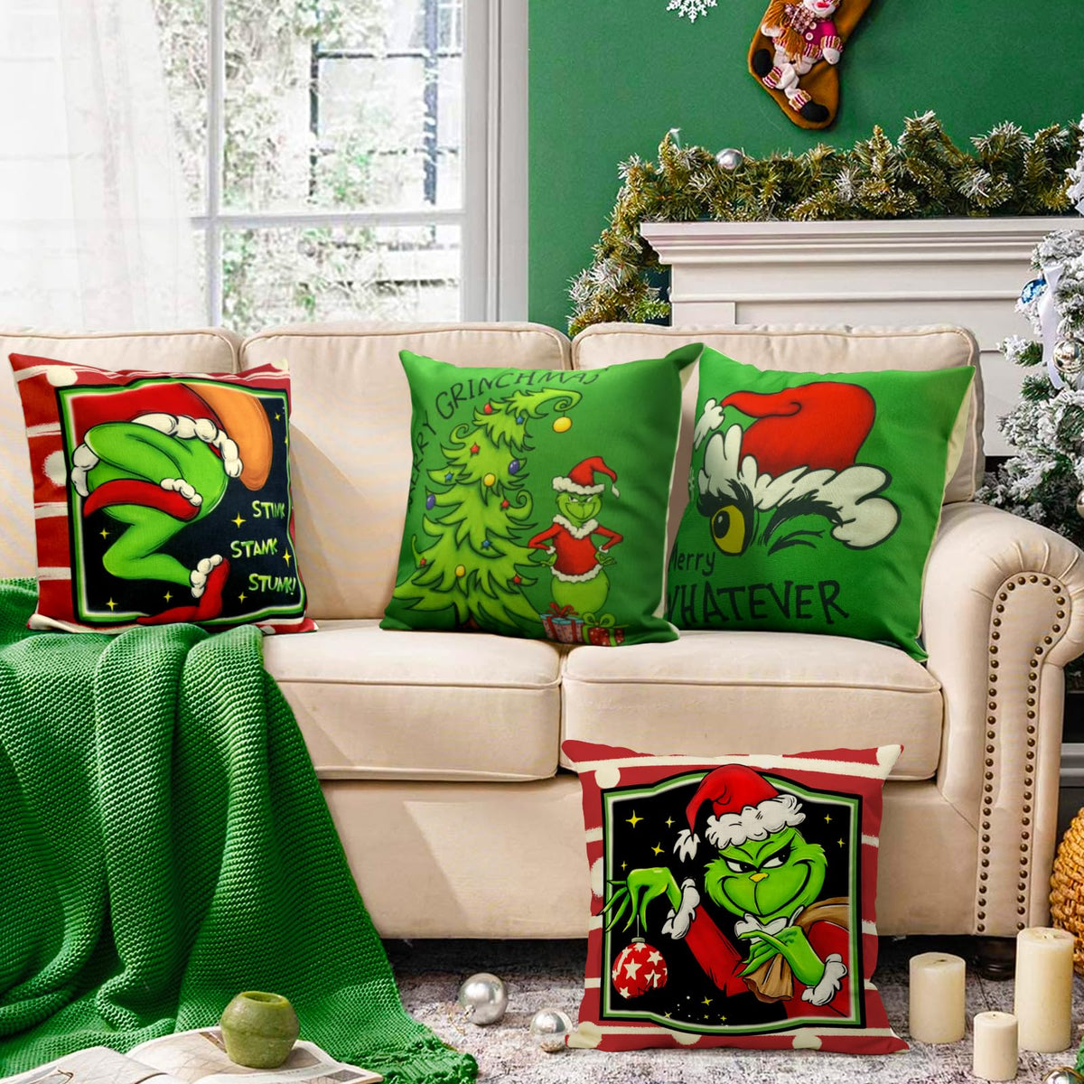 Christmas Pillow Covers 18x18 Inch for Christmas Decorations Throw Pillow Case Green and Red Stripe