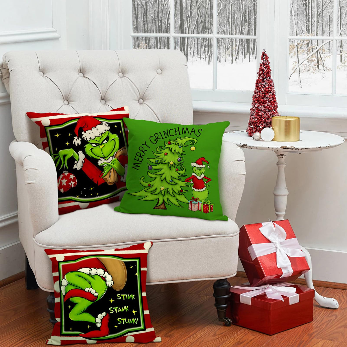 Christmas Pillow Covers 18x18 Inch for Christmas Decorations Throw Pillow Case Green and Red Stripe