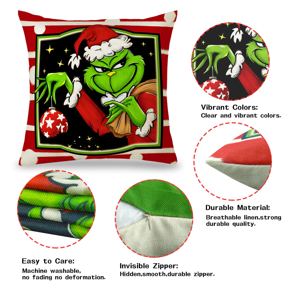 Christmas Pillow Covers 18x18 Inch for Christmas Decorations Throw Pillow Case Green and Red Stripe