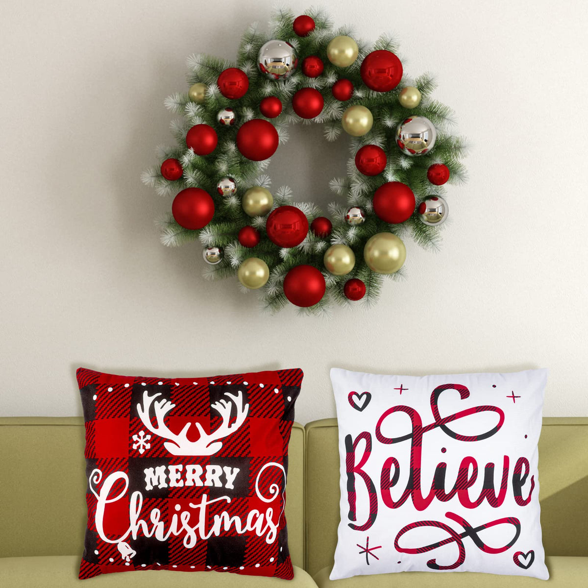Christmas Pillow Covers 18x18 Set of 4 Winter Throw Pillow Covers Holiday Buffalo Plaid Pillow Covers
