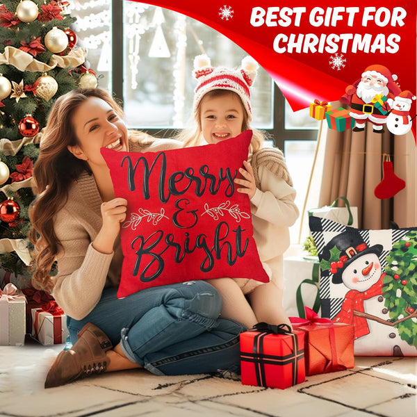 Christmas Pillow Covers 18x18 inch Set of 4, Christmas Decorations Snowman Santa Elk Sleigh Truck Plaid Winter Holiday Decor