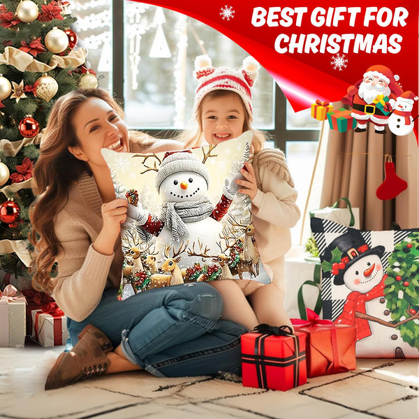 Set of 4 Christmas Pillow Covers 18x18 inch Set of 4, Christmas Decorations Snowman Santa Elk Sleigh Truck Plaid Winter Holiday Decor