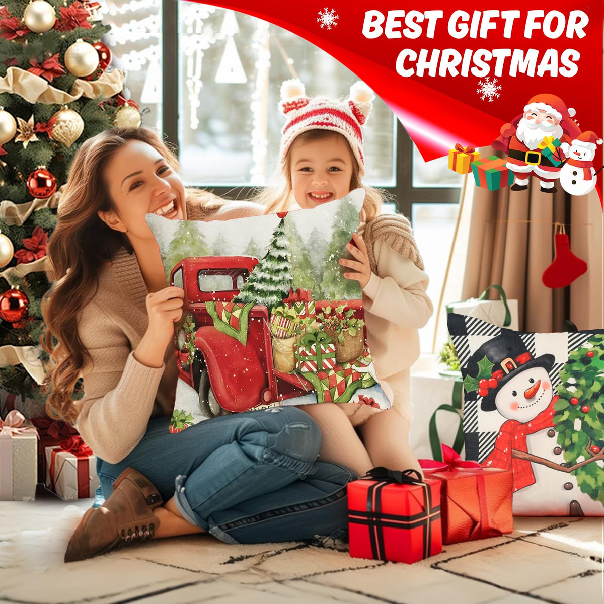 Christmas Pillow Covers 18x18 inch Set of 4, Christmas Decorations Snowman Santa Elk Sleigh Truck Plaid