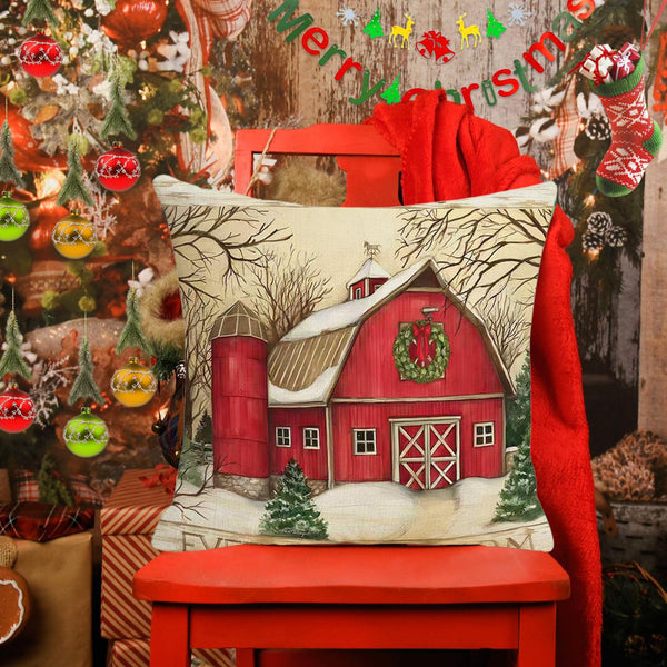 Christmas Pillow Covers 18x18 inch Set of 4, Christmas Decorations Snowman Santa Elk Sleigh Truck Plaid