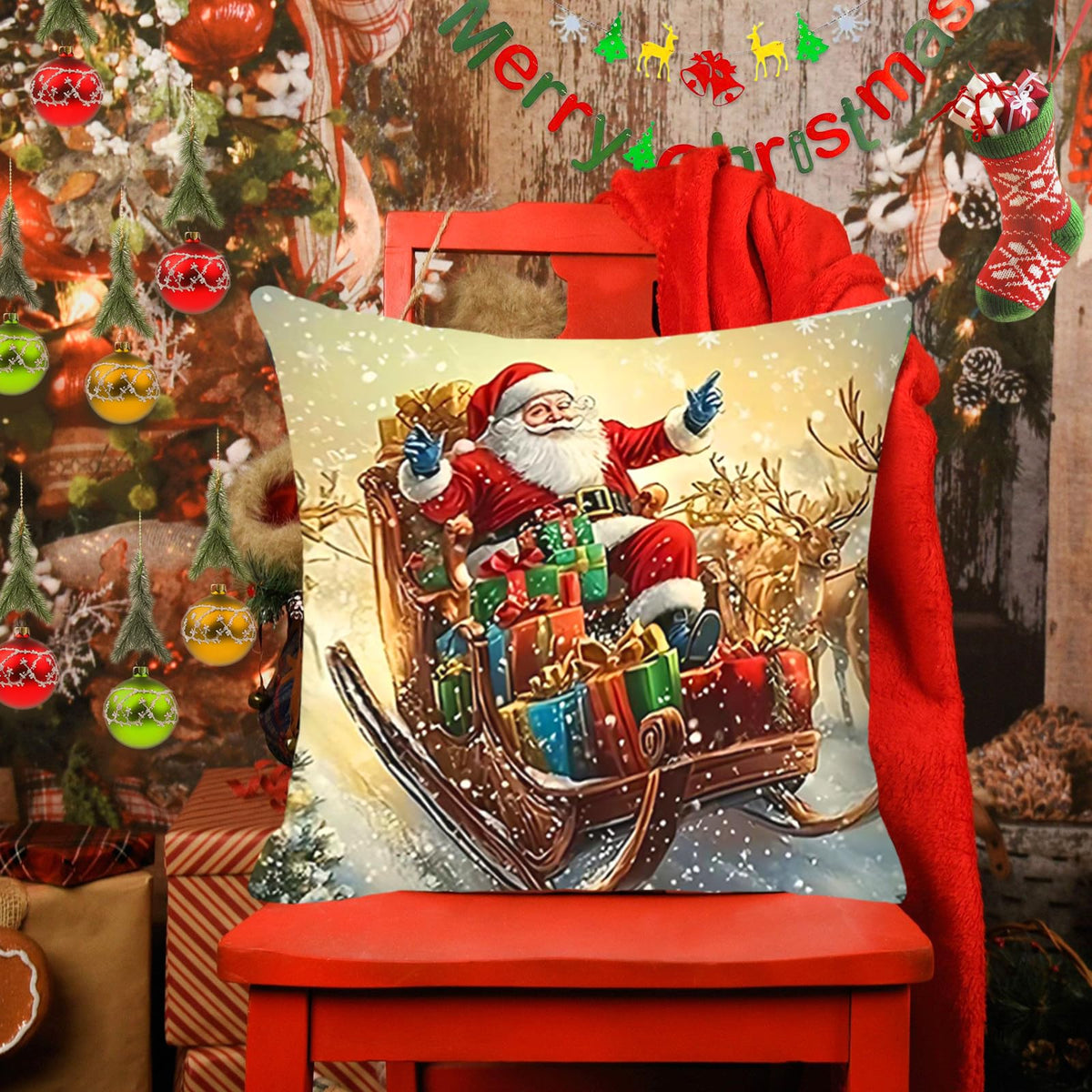 Set of 4 Christmas Pillow Covers 18x18 inch Set of 4, Christmas Decorations Snowman Santa Elk Sleigh Truck Plaid Winter Holiday Decor