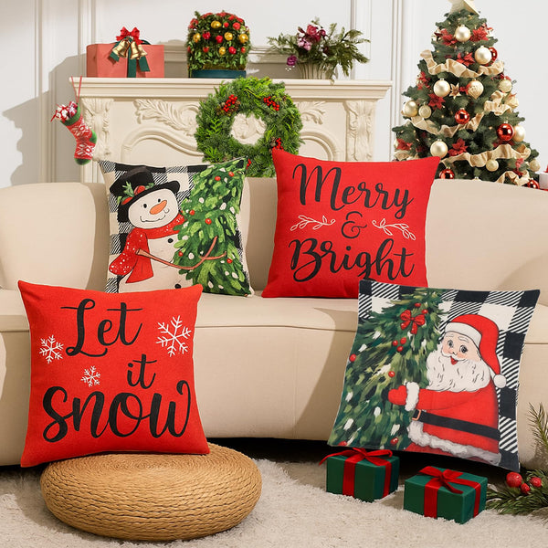Christmas Pillow Covers 18x18 inch Set of 4, Christmas Decorations Snowman Santa Elk Sleigh Truck Plaid Winter Holiday Decor