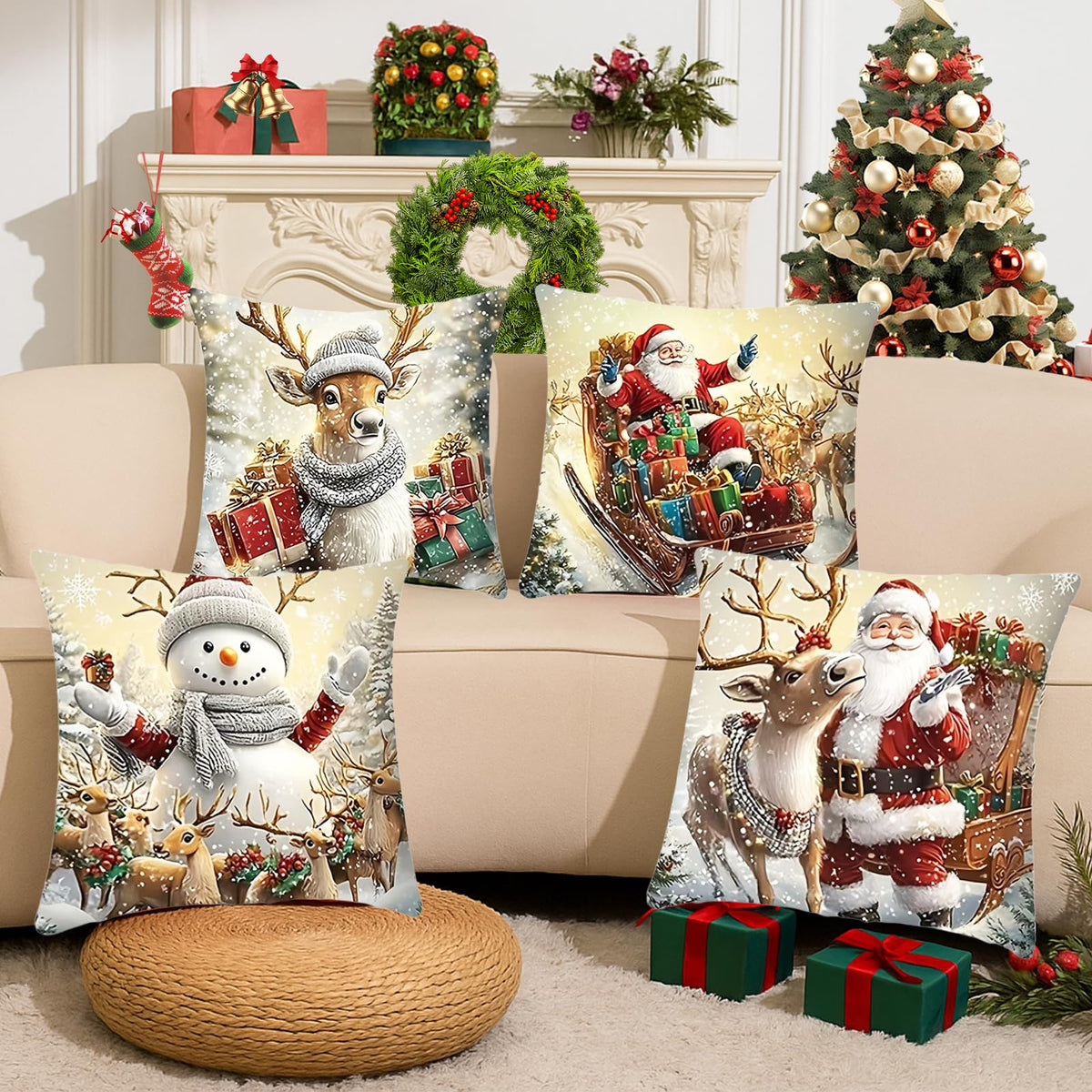 Set of 4 Christmas Pillow Covers 18x18 inch Set of 4, Christmas Decorations Snowman Santa Elk Sleigh Truck Plaid Winter Holiday Decor