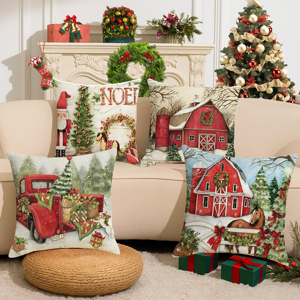 Christmas Pillow Covers 18x18 inch Set of 4, Christmas Decorations Snowman Santa Elk Sleigh Truck Plaid