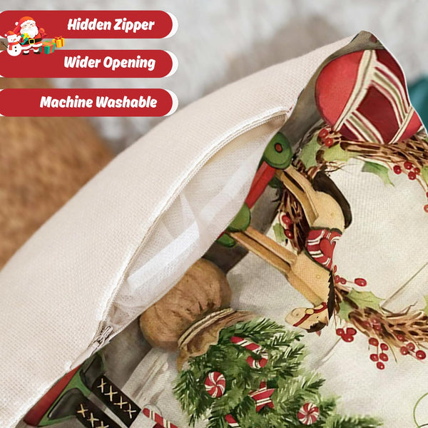 Christmas Pillow Covers 18x18 inch Set of 4, Christmas Decorations Snowman Santa Elk Sleigh Truck Plaid