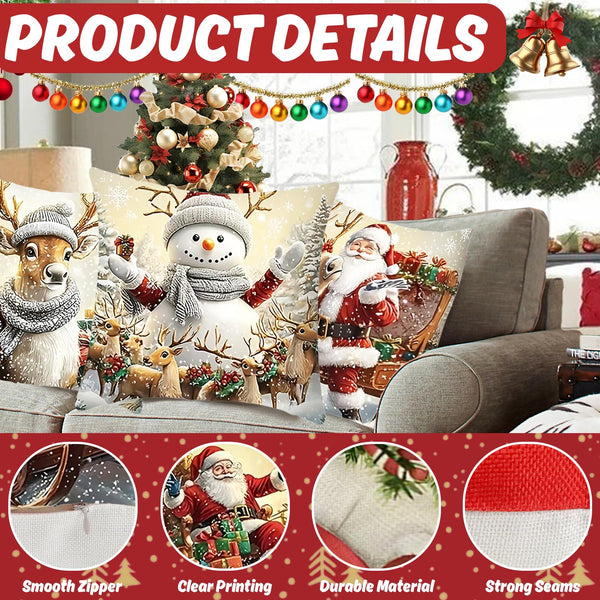 Set of 4 Christmas Pillow Covers 18x18 inch Set of 4, Christmas Decorations Snowman Santa Elk Sleigh Truck Plaid Winter Holiday Decor