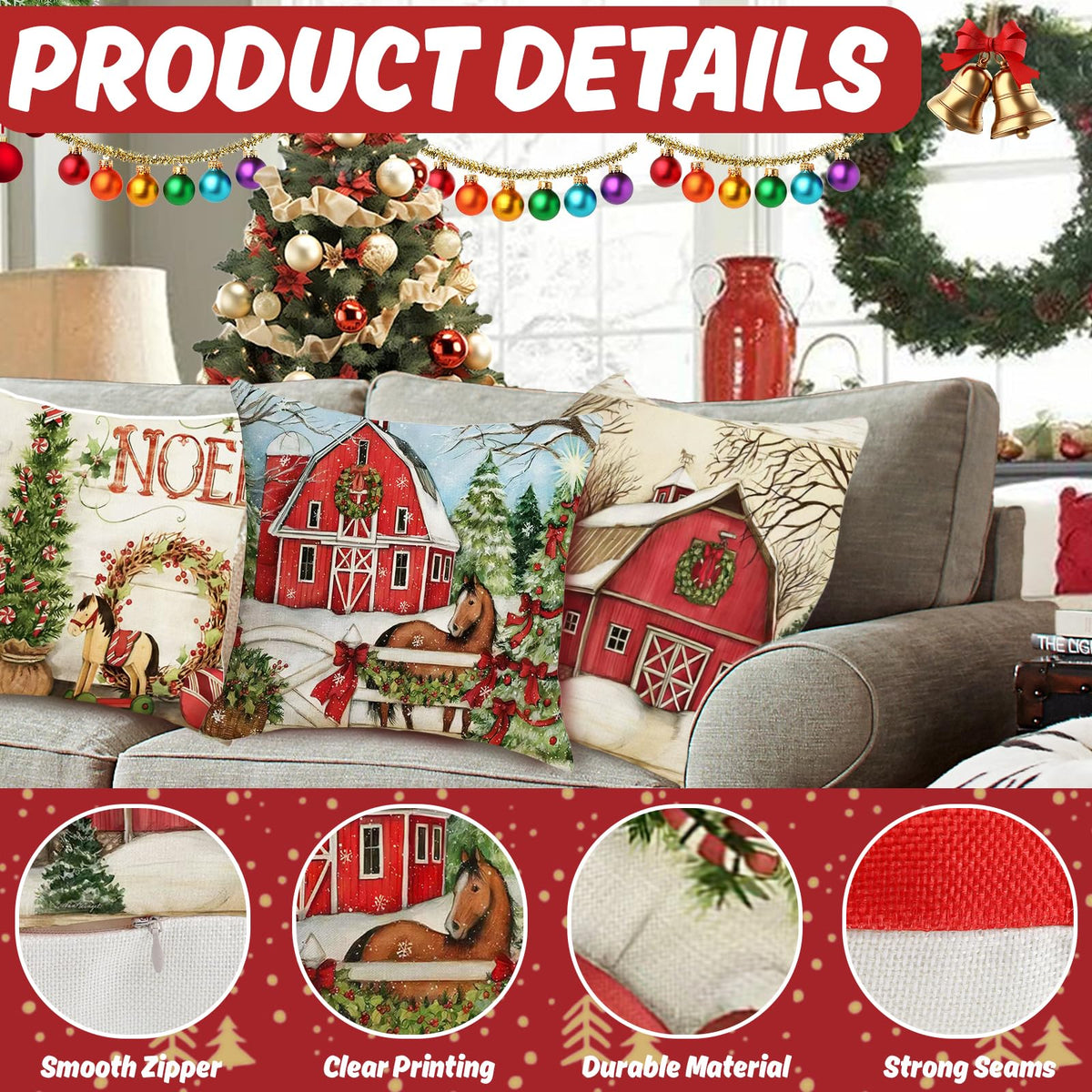 Christmas Pillow Covers 18x18 inch Set of 4, Christmas Decorations Snowman Santa Elk Sleigh Truck Plaid