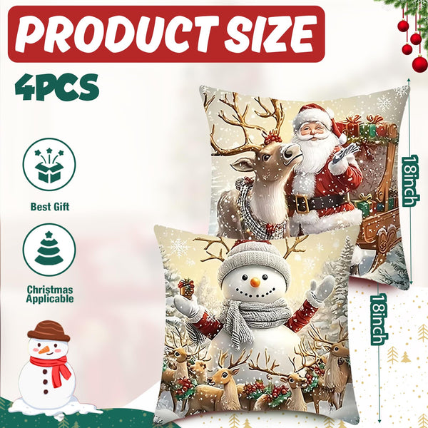 Set of 4 Christmas Pillow Covers 18x18 inch Set of 4, Christmas Decorations Snowman Santa Elk Sleigh Truck Plaid Winter Holiday Decor