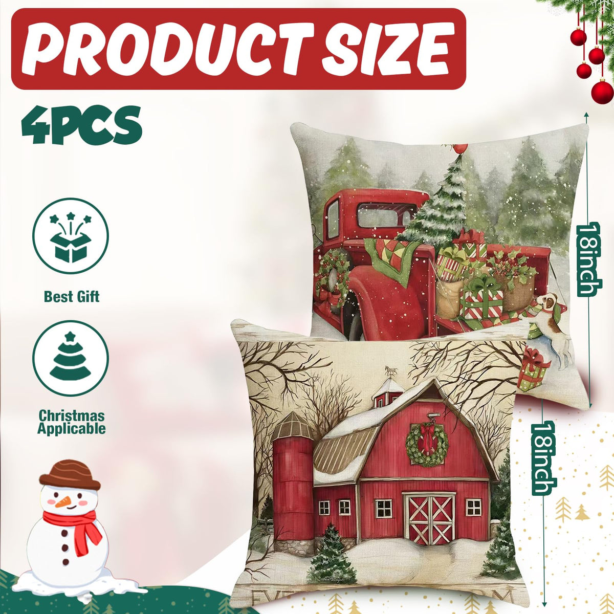 Christmas Pillow Covers 18x18 inch Set of 4, Christmas Decorations Snowman Santa Elk Sleigh Truck Plaid