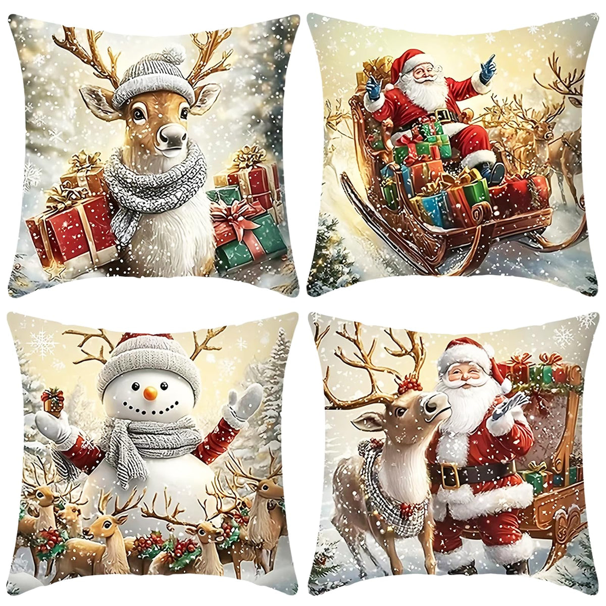 Set of 4 Christmas Pillow Covers 18x18 inch Set of 4, Christmas Decorations Snowman Santa Elk Sleigh Truck Plaid Winter Holiday Decor