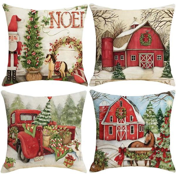 Christmas Pillow Covers 18x18 inch Set of 4, Christmas Decorations Snowman Santa Elk Sleigh Truck Plaid
