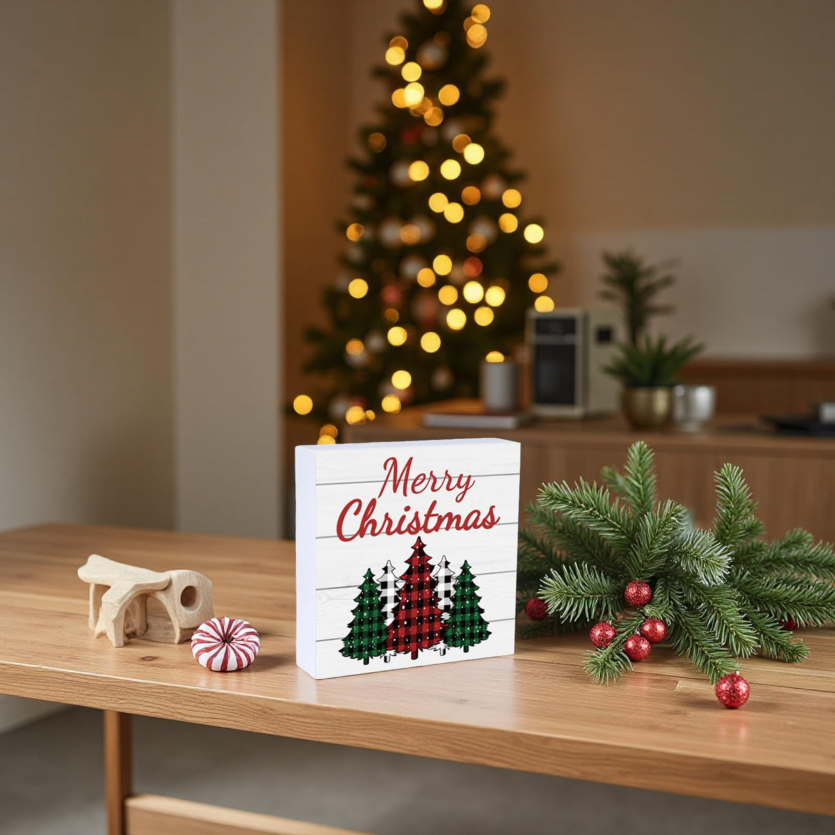 Christmas Table Decorations Christmas Decor Indoor Home Room Buffalo Plaid Tree Office Bathroom Wood Box Sign
