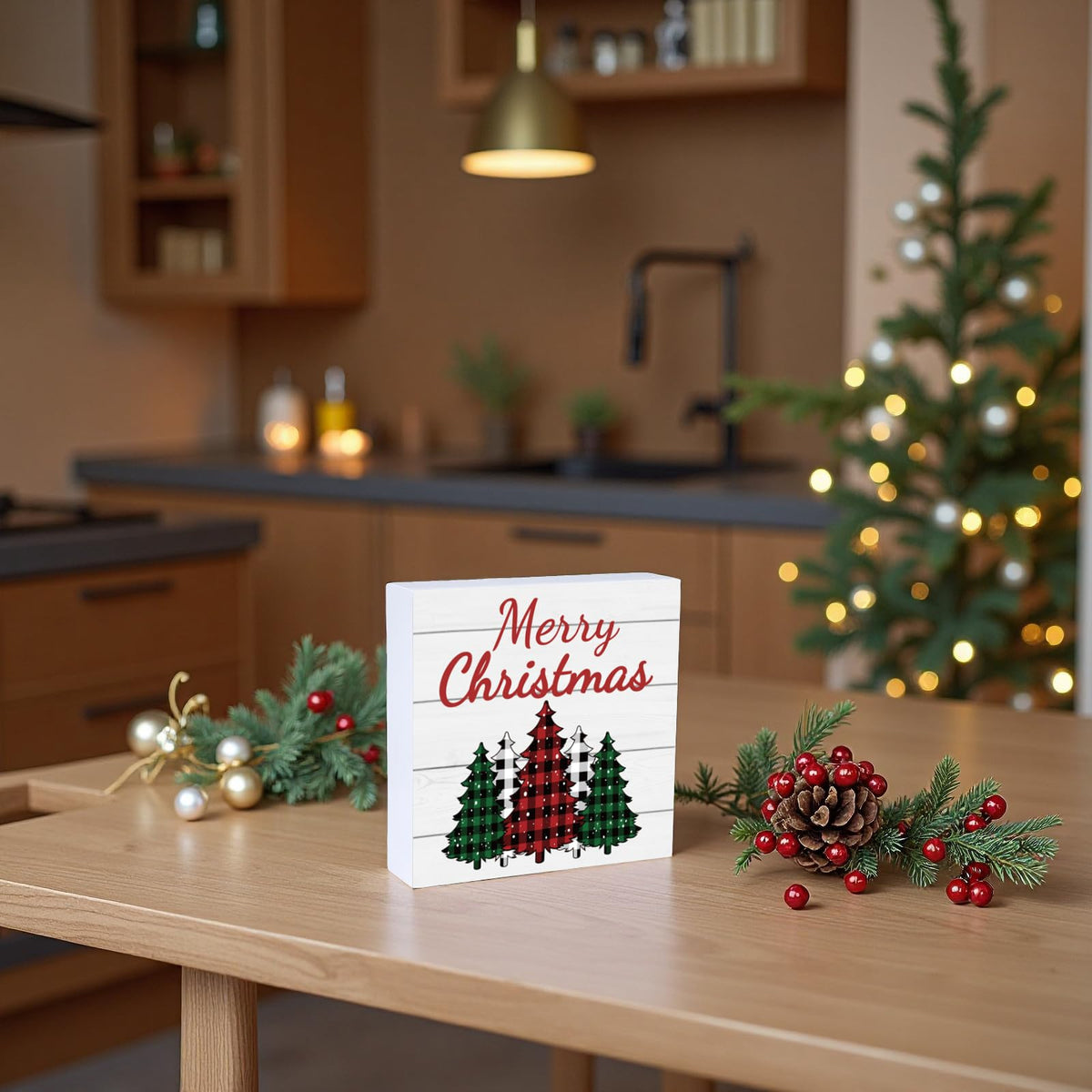 Christmas Table Decorations Christmas Decor Indoor Home Room Buffalo Plaid Tree Office Bathroom Wood Box Sign
