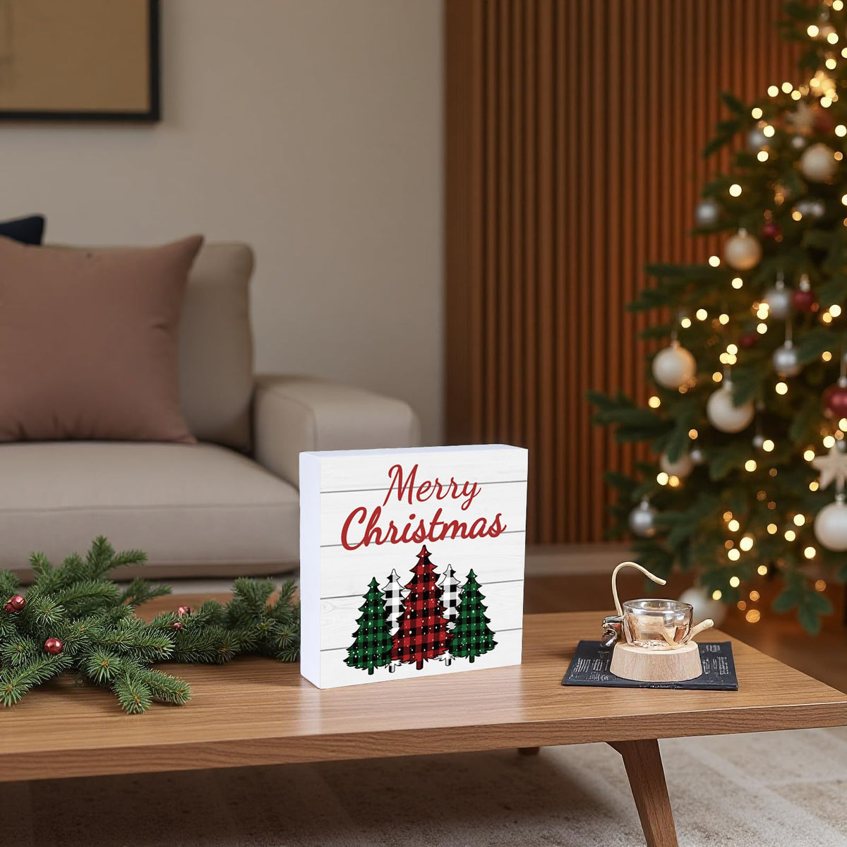 Christmas Table Decorations Christmas Decor Indoor Home Room Buffalo Plaid Tree Office Bathroom Wood Box Sign