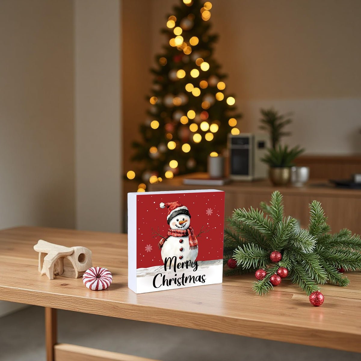 Christmas Table Decorations Christmas Decor Indoor Winter Home Room Snowman Office Bathroom Wood Box Sign