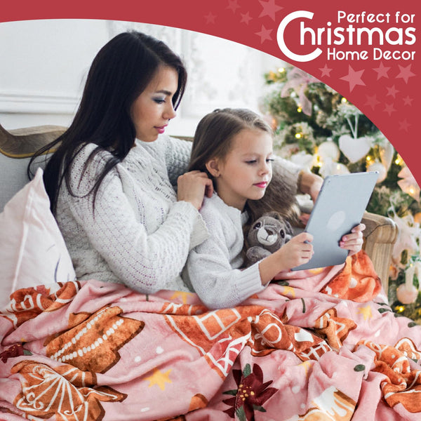 Christmas Throw Blanket for Couch 60x50,Pink Winter Holiday Festival Cute Xmas Gingerbread House Trees Blankets