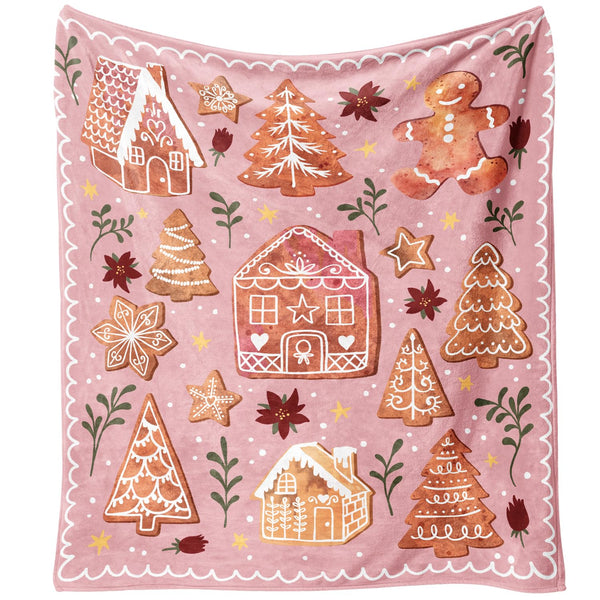Christmas Throw Blanket for Couch 60x50,Pink Winter Holiday Festival Cute Xmas Gingerbread House Trees Blankets
