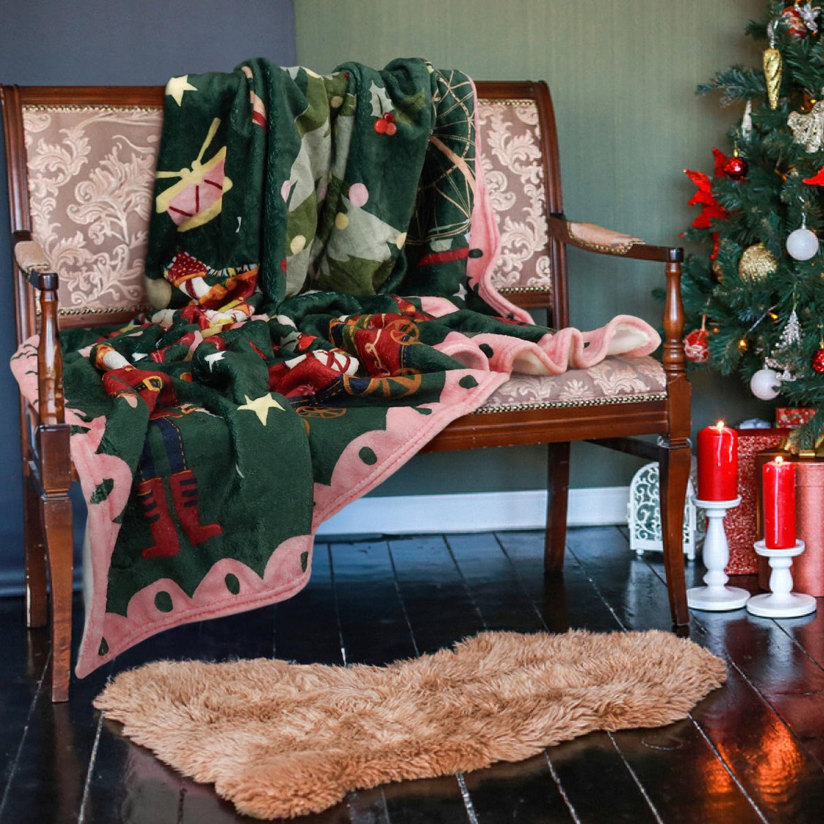 Christmas Throw Blanket for Couch 60x50,Green Winter Holiday Festival Cute Xmas Nutcracker Christmas Tree Blankets