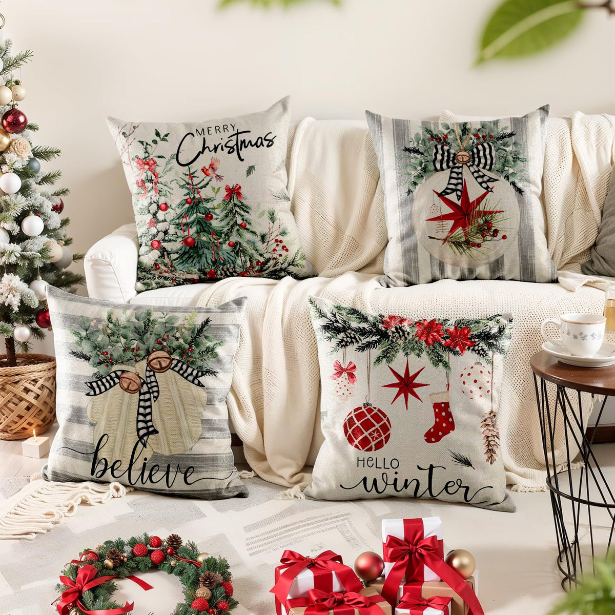 Christmas Throw Pillow Covers 18x18 Set of 4,Linen Pillow Cases Vintage Country Tree Green Striped